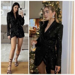 ZARA SEQUIN SELF TIE DRESS BLACK